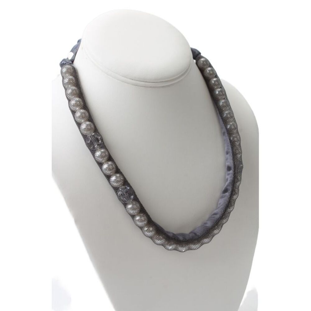 Lanvin Womens Gray Satin Imitation Pearl Ribbon Necklace OS - Picture 4 of 6